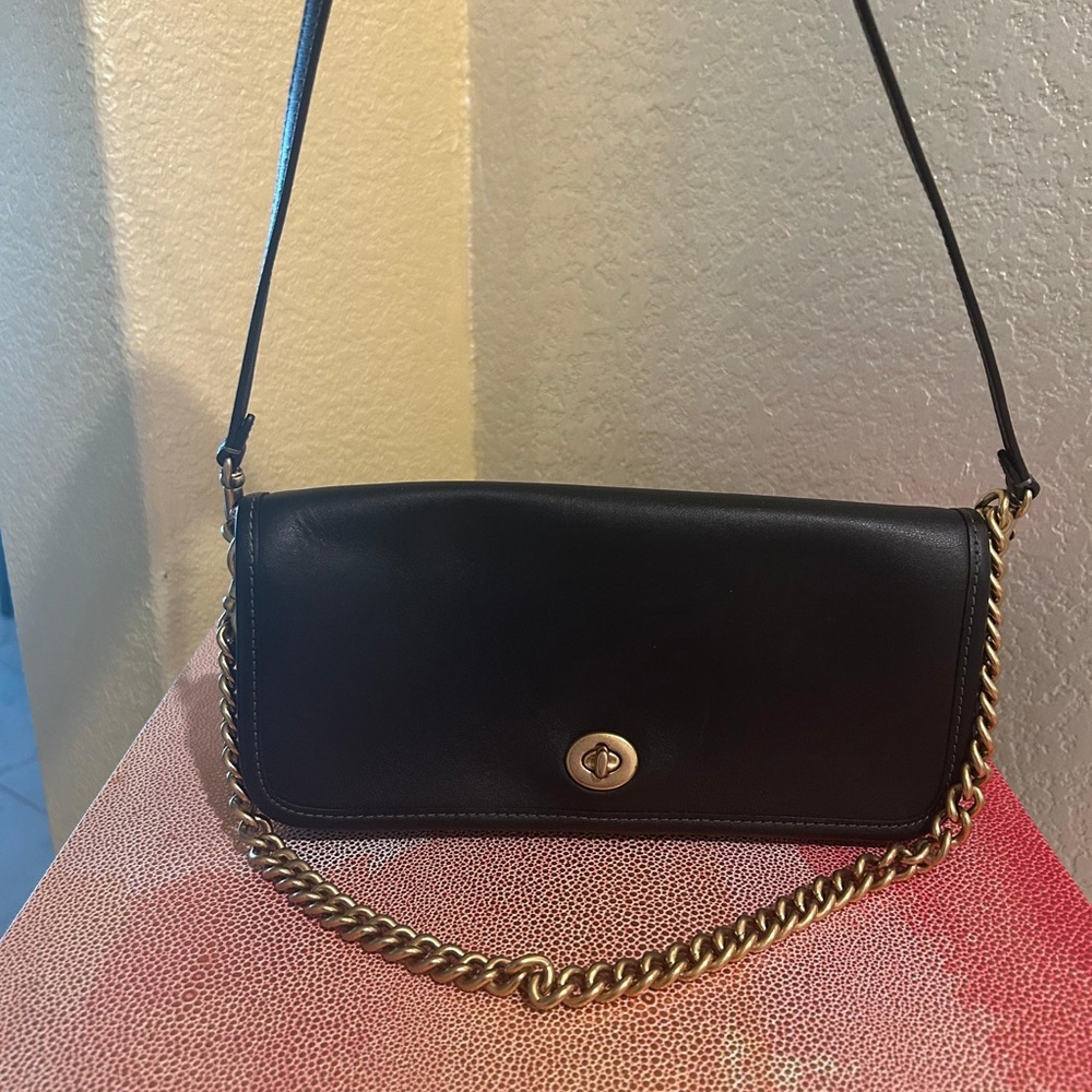 Coach Black Leather Crossbody Bag with Gold Chain